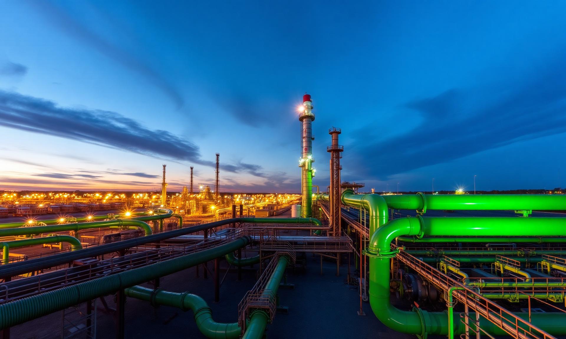 Upstream oil and gas processing facility at dusk